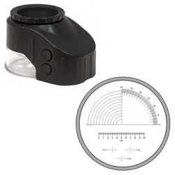 Fixed Focus 10X Magnifier with Diopter Adjustment,  2 White Light Sources and Measuring Disc